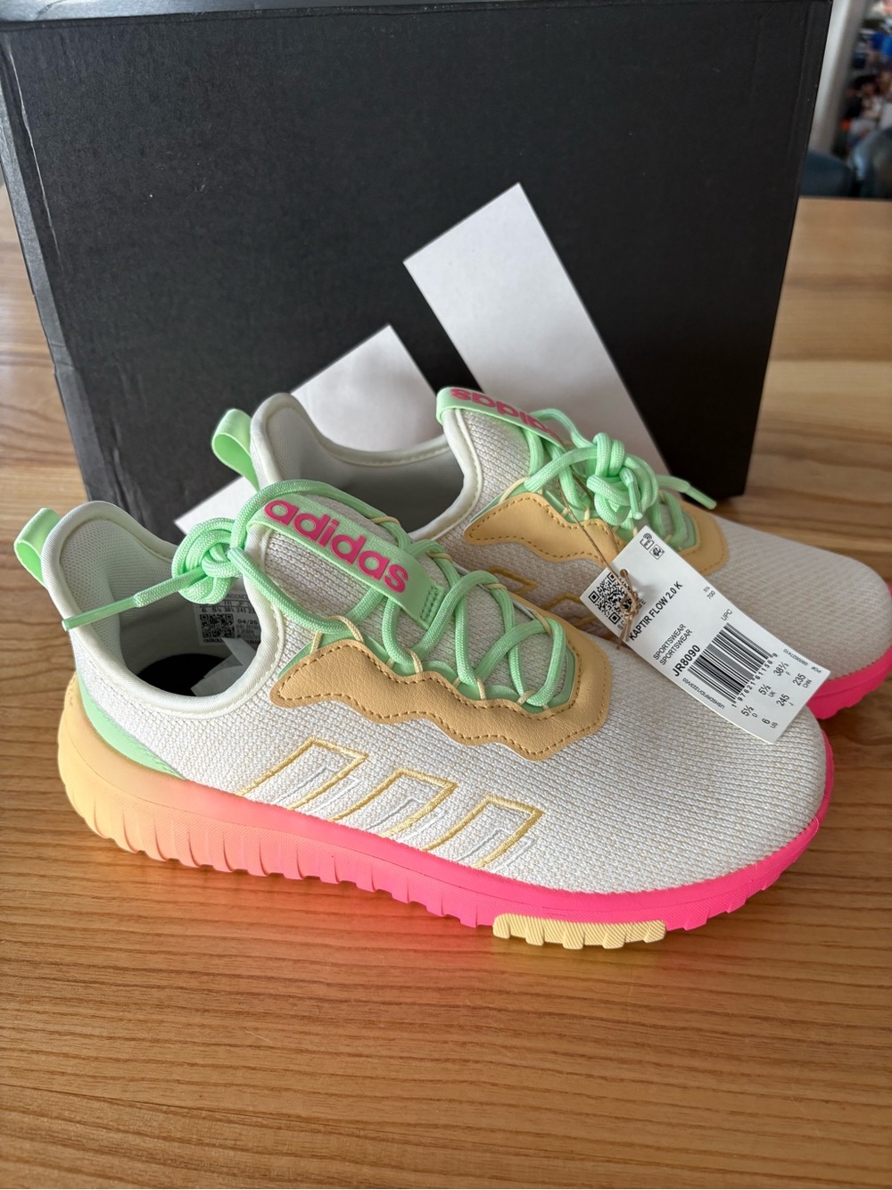 adidas Kids Cream Knit Sneakers with Pink Gradient Sole & Mint Accents